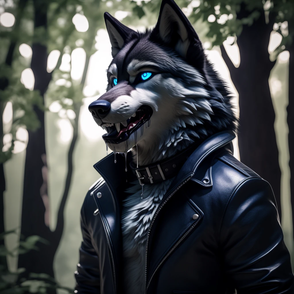 Posing, Male, 30 years old, eyeliner, black leather jacket, anthro, wolf ears, (black fur:1.5), wolf, forest background, 8k, hi res, (best quality, masterpiece), (wolf tail:1.5), detailed fur, solo, blue jeens, blue eyes, collar, evil grin, crazy expression, barring teeth, (drooling:1.5)