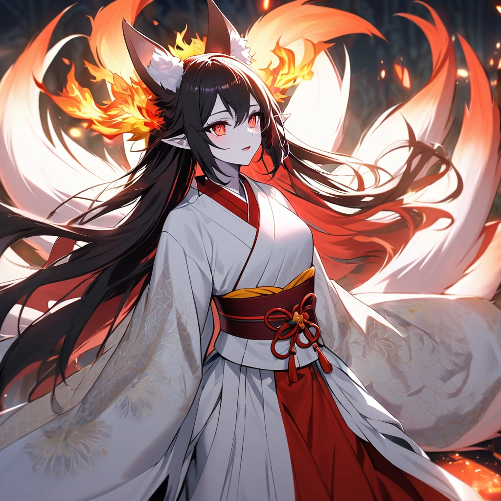 A nine-tailed fox in human form would be a mystical and enchanting figure. Your big, expressive eyes, unusual colors like amber or red, would reflect a penetrating and mysterious glow. Your long hair, smooth and shiny, would range from deep black to silver or fiery red. Pointy, vulpine ears would emerge from the top of its head., while its nine majestic tails, dense and soft, they would move with grace. Your pale skin would have an unearthly glow, and their traditional Japanese costumes, like a kimono with intricate patterns and vibrant colors, would highlight even more its beauty and power.