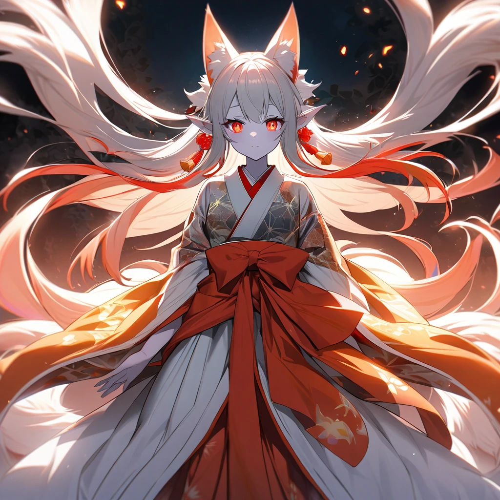 A nine-tailed fox in human form would be a mystical and enchanting figure. Your big, expressive eyes, unusual colors like amber or red, would reflect a penetrating and mysterious glow. Your long hair, smooth and shiny, would range from deep black to silver or fiery red. Pointy, vulpine ears would emerge from the top of its head., while its nine majestic tails, dense and soft, they would move with grace. Your pale skin would have an unearthly glow, and their traditional Japanese costumes, like a kimono with intricate patterns and vibrant colors, would highlight even more its beauty and power.