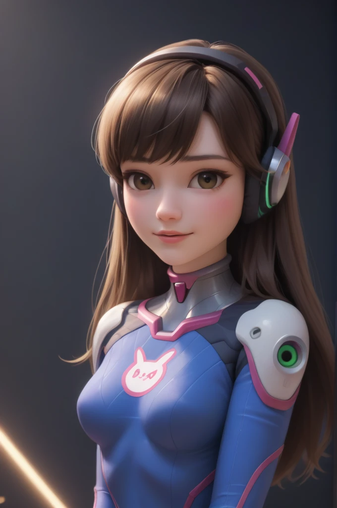 score_9, score_8_up, score_8, , (masterpiece, best quality, highres:1.2), (intricate and beautiful:1.2), (beautiful detailed eyes:1.2), detailed light, (soft lighting, side lighting, reflected light), (upper body portrait), (centered), (award winning composition), 1girl, 22 years old, d.va, looking at viewer, wide smile, parted lips, light freckles, long hair, brown hair, headphones, whisker markings, shoulder pads, blue bodysuit, ribbed bodysuit, animal print, clothes writing, long sleeves, white gloves, medium breasts, (skindentation), pale, (lustrous skin) head tilt, sitting, (v arms, hands between legs, breasts squeezed together), (simple dark background:1.2) ,disney pixar style