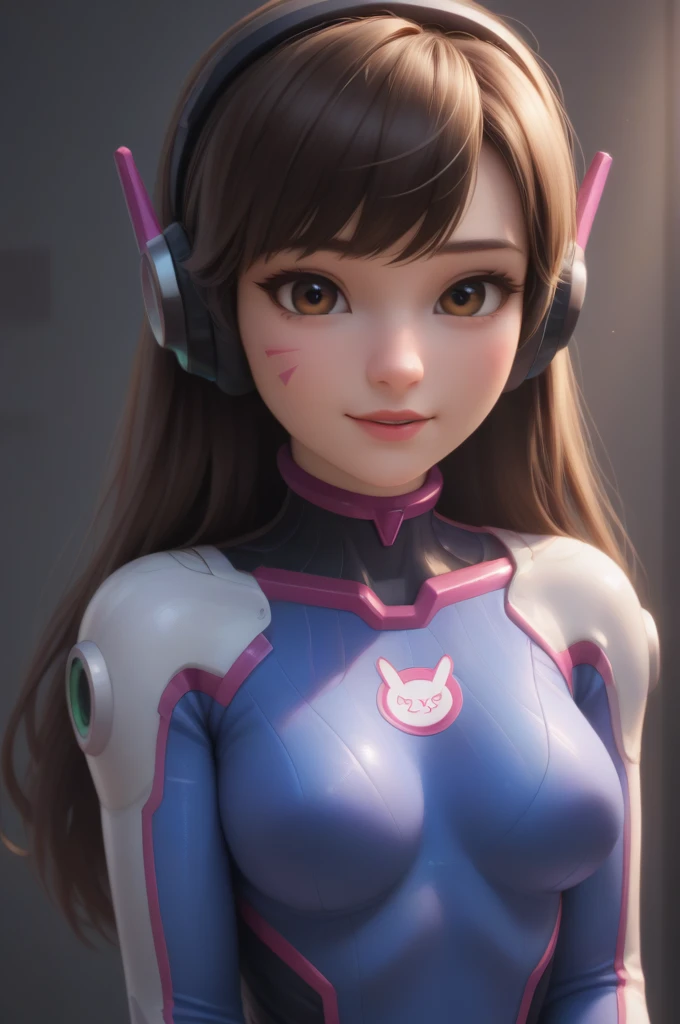score_9, score_8_up, score_8, , (masterpiece, best quality, highres:1.2), (intricate and beautiful:1.2), (beautiful detailed eyes:1.2), detailed light, (soft lighting, side lighting, reflected light), (upper body portrait), (centered), (award winning composition), 1girl, 22 years old, d.va, looking at viewer, wide smile, parted lips, light freckles, long hair, brown hair, headphones, whisker markings, shoulder pads, blue bodysuit, ribbed bodysuit, animal print, clothes writing, long sleeves, white gloves, medium breasts, (skindentation), pale, (lustrous skin) head tilt, sitting, (v arms, hands between legs, breasts squeezed together), (simple dark background:1.2) ,disney pixar style
