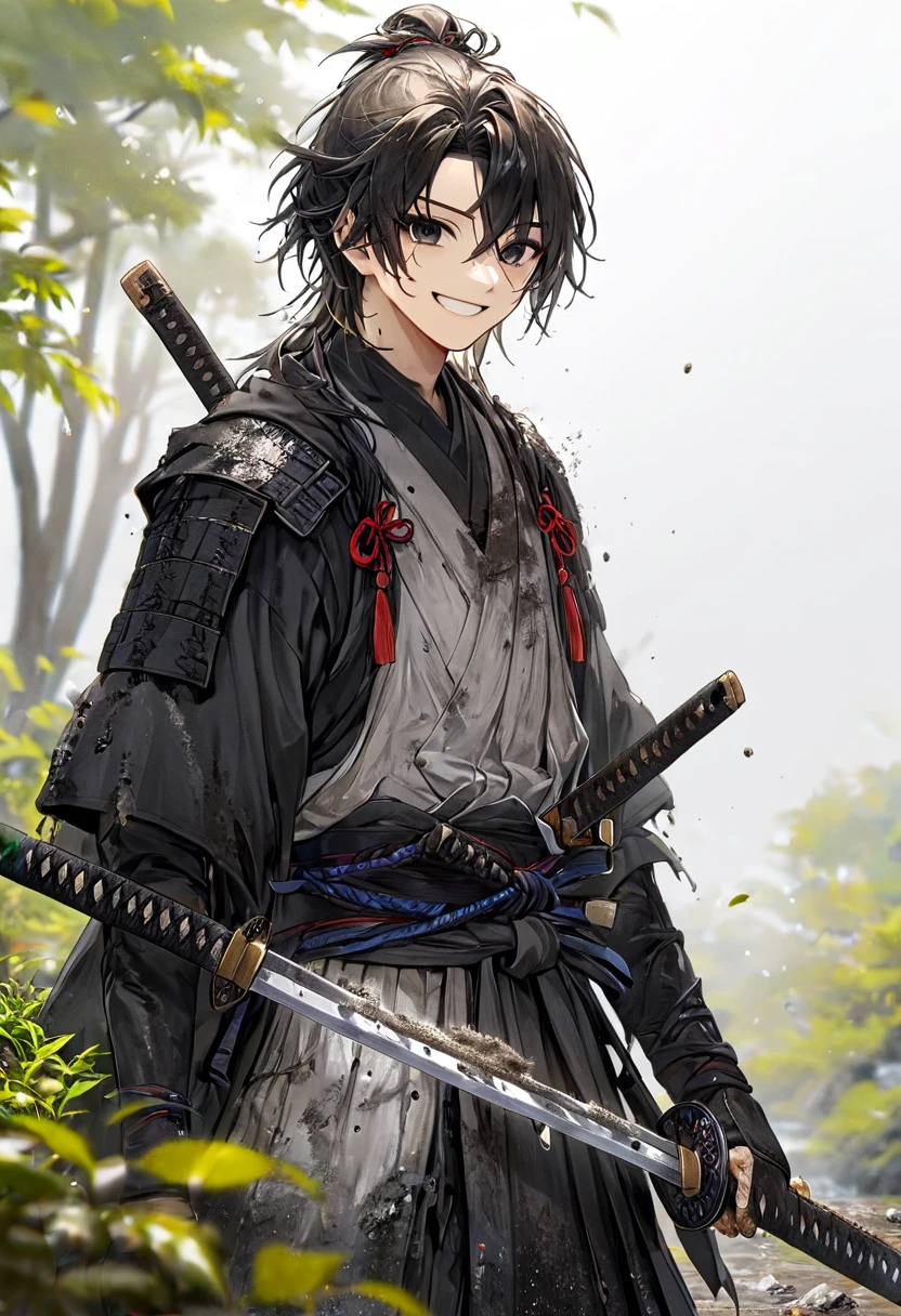 Ronin, Dirty, Boy, Two sword, black eyes, black samurai long unkempt hair, ragged body, gray- white Torn clothes, Smile, nature background.