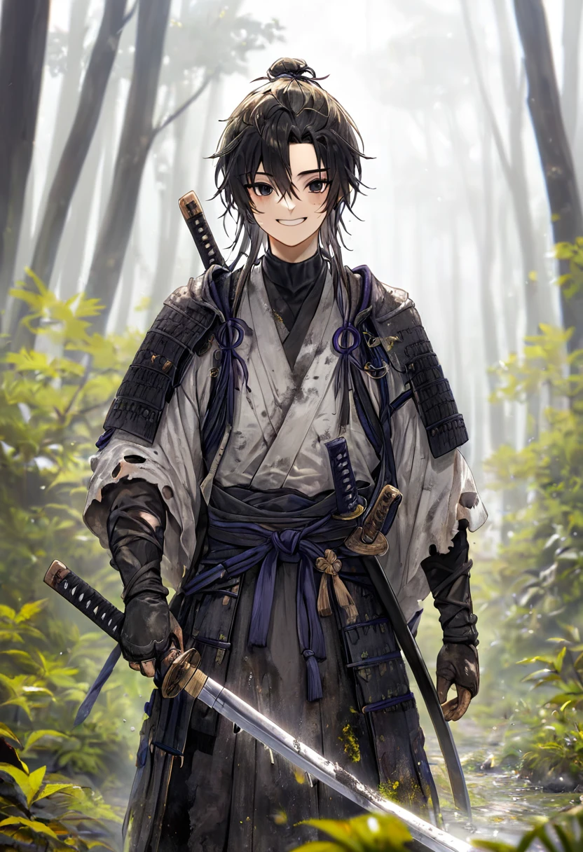 Ronin, Dirty, Boy, Two sword, black eyes, black samurai long unkempt hair, ragged body, gray- white Torn clothes, Smile, nature background.