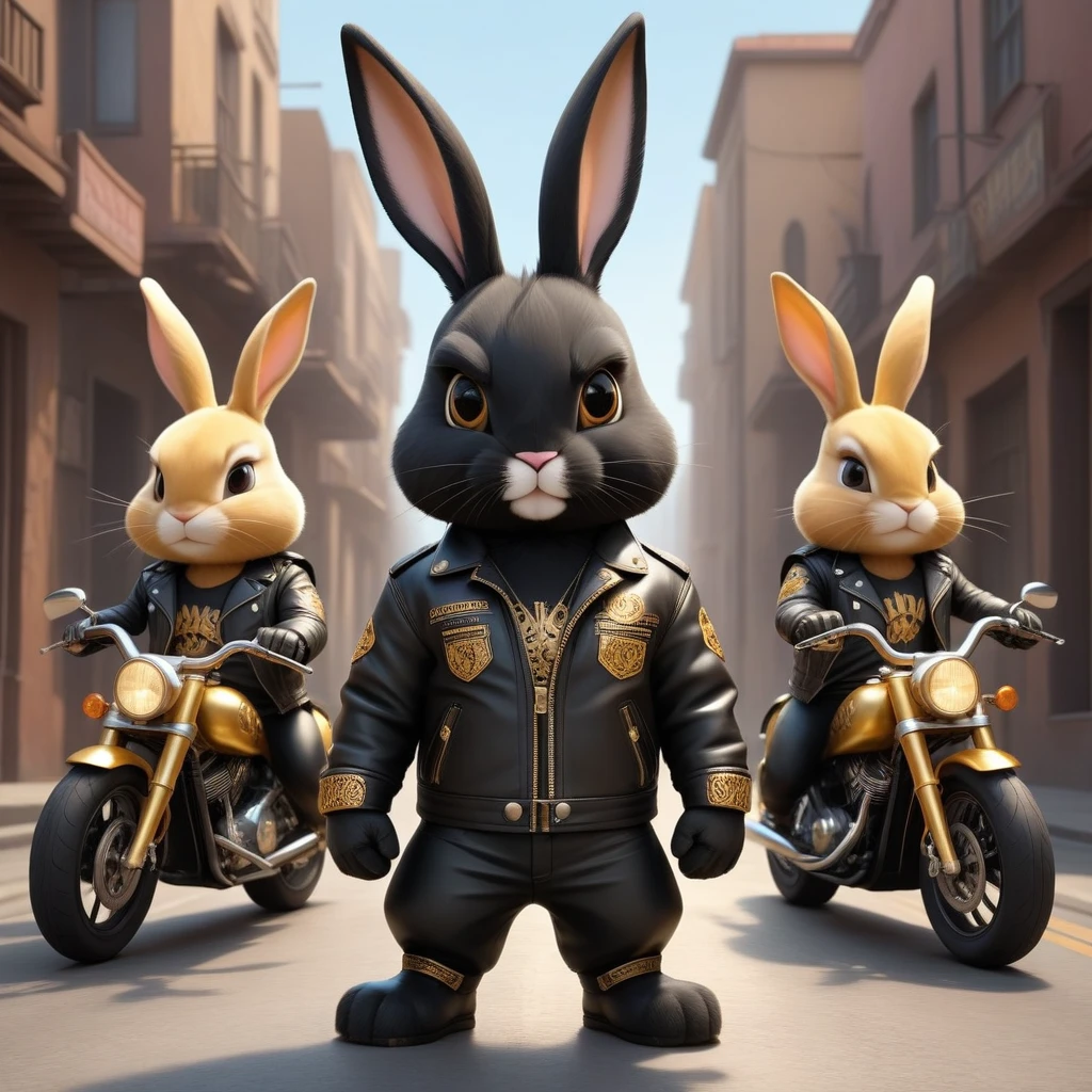 cartoon of (a tough rebel black golden bunny dressed as a gang of golden bikers, leather jacket, Mohican:2.5), looking ahead at viewer, Symmetrical, chromatic fantasy, highy detailed, 8k, digitalpainting, oil painting, illustration, conceptual artwork, sharp focus, volumetric lighting, epic composition, CG Society, golden art station
