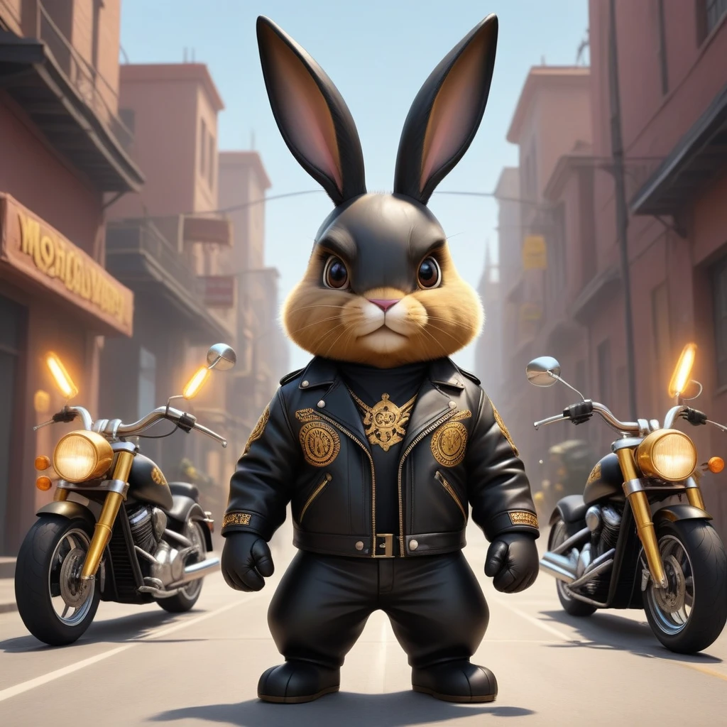cartoon of (a tough rebel black golden bunny dressed as a gang of golden bikers, leather jacket, Mohican:2.5), looking ahead at viewer, Symmetrical, chromatic fantasy, highy detailed, 8k, digitalpainting, oil painting, illustration, conceptual artwork, sharp focus, volumetric lighting, epic composition, CG Society, golden art station