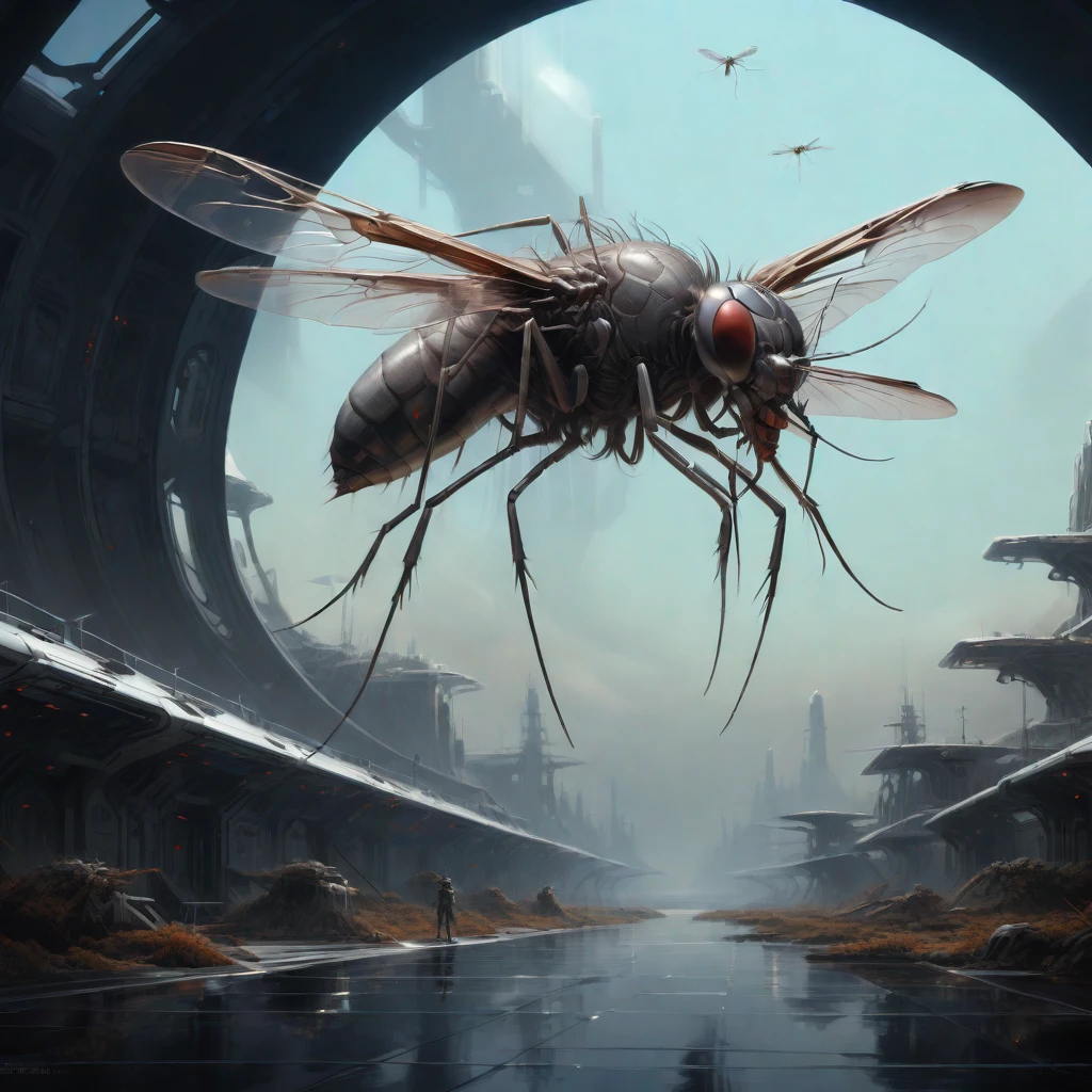 Mosquito, oil on matte canvas, sharp details, the expanse scifi spacescape ceres colony, intricate, highly detailed, digital painting, rich color, smooth, sharp focus, illustration, Unreal Engine 5, 8K, art by artgerm and greg rutkowski and alphonse mucha
