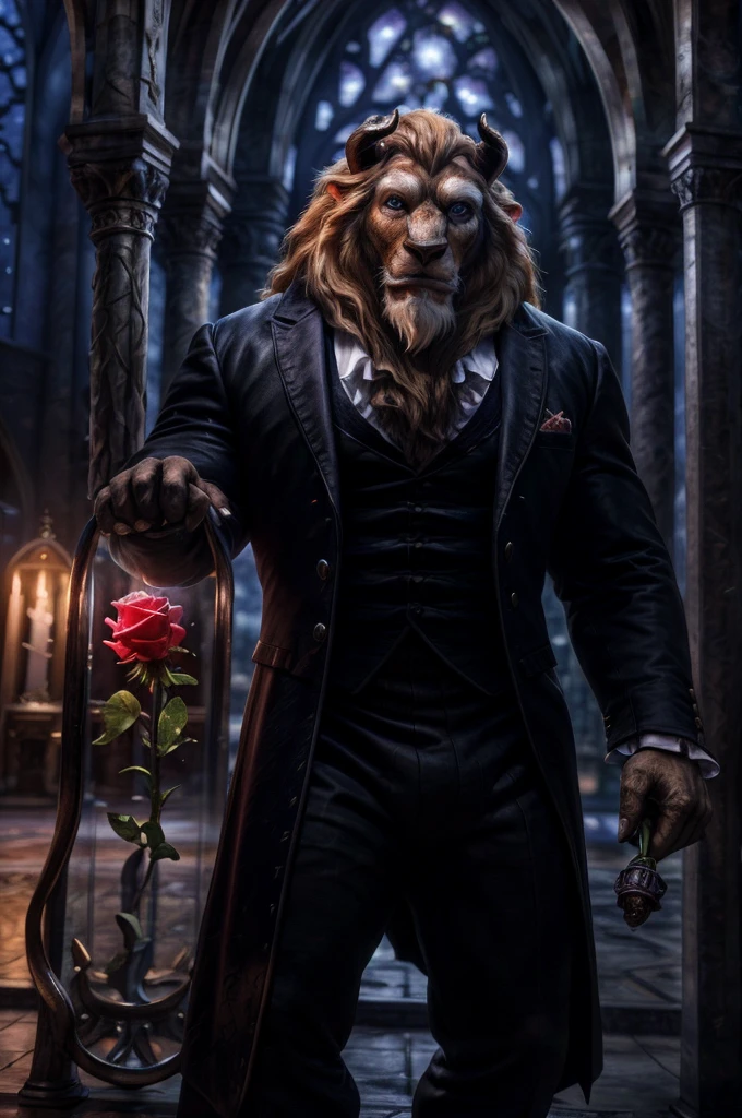 (photographic rendering, hyperrealistic, photorrealistic textures:1.2), male, beast (disney), solo, front view, clothed, clothing, wearing victorian suit, suit, fancy, bottomwear, muscular, horn, tail, lion tail, cathedral, moonlight, night, rose, holding object