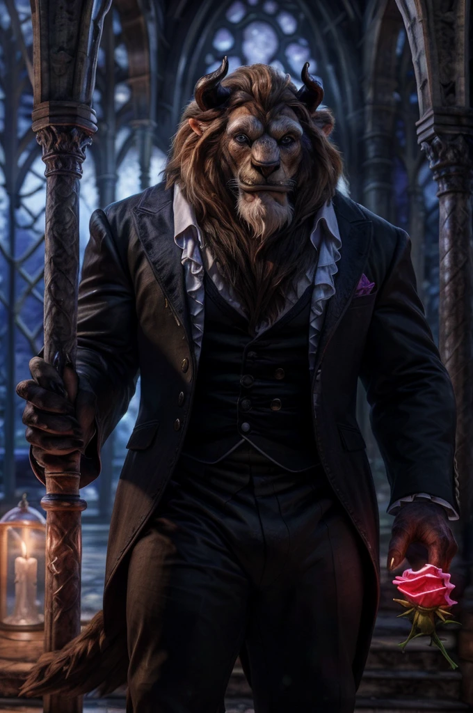 (photographic rendering, hyperrealistic, photorrealistic textures:1.2), male, beast (disney), solo, front view, clothed, clothing, wearing victorian suit, suit, fancy, bottomwear, muscular, horn, tail, lion tail, cathedral, moonlight, night, rose, holding object