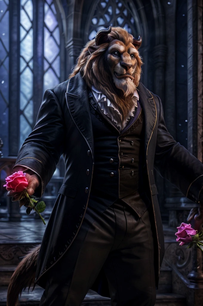 (photographic rendering, hyperrealistic, photorrealistic textures:1.2), male, beast (disney), solo, front view, clothed, clothing, wearing victorian suit, suit, fancy, bottomwear, muscular, horn, tail, lion tail, cathedral, moonlight, night, rose, holding object