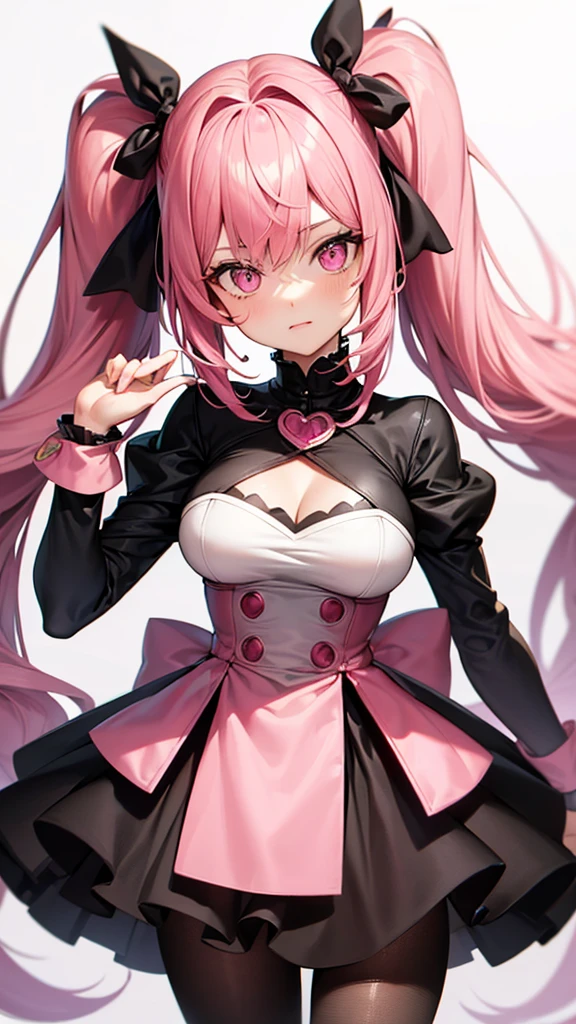 (Highest quality,Super detailed,girl),black tights,Pink Hair,Height: 160cm,cute,Pink Eyes,Twin tails,Big Breasts,I'm wearing a pink skirt,Her eyes are white and shining,Has bright white eyes,Looking at me with a bright face,Pink underwear is about to be visible,