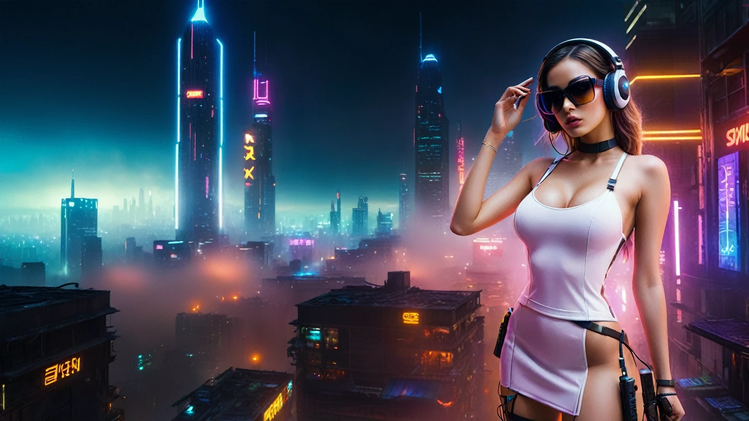 dark futuristic landscape, at night, neon lights, Atmospheric fog, large buildings in the background, futuristic city, streets with open shops, skyscraper (postapocalyptic city:1.3). (((1girl, solo, alone))), large-breast:1.2 slim body, cleavage:1.1, sexy miniskirt, (((headphone, black sunglasses, standing and holding pistol pose))), (((half-body thigh level medium shot))), cinematic lighting, lens flare, ray tracing.