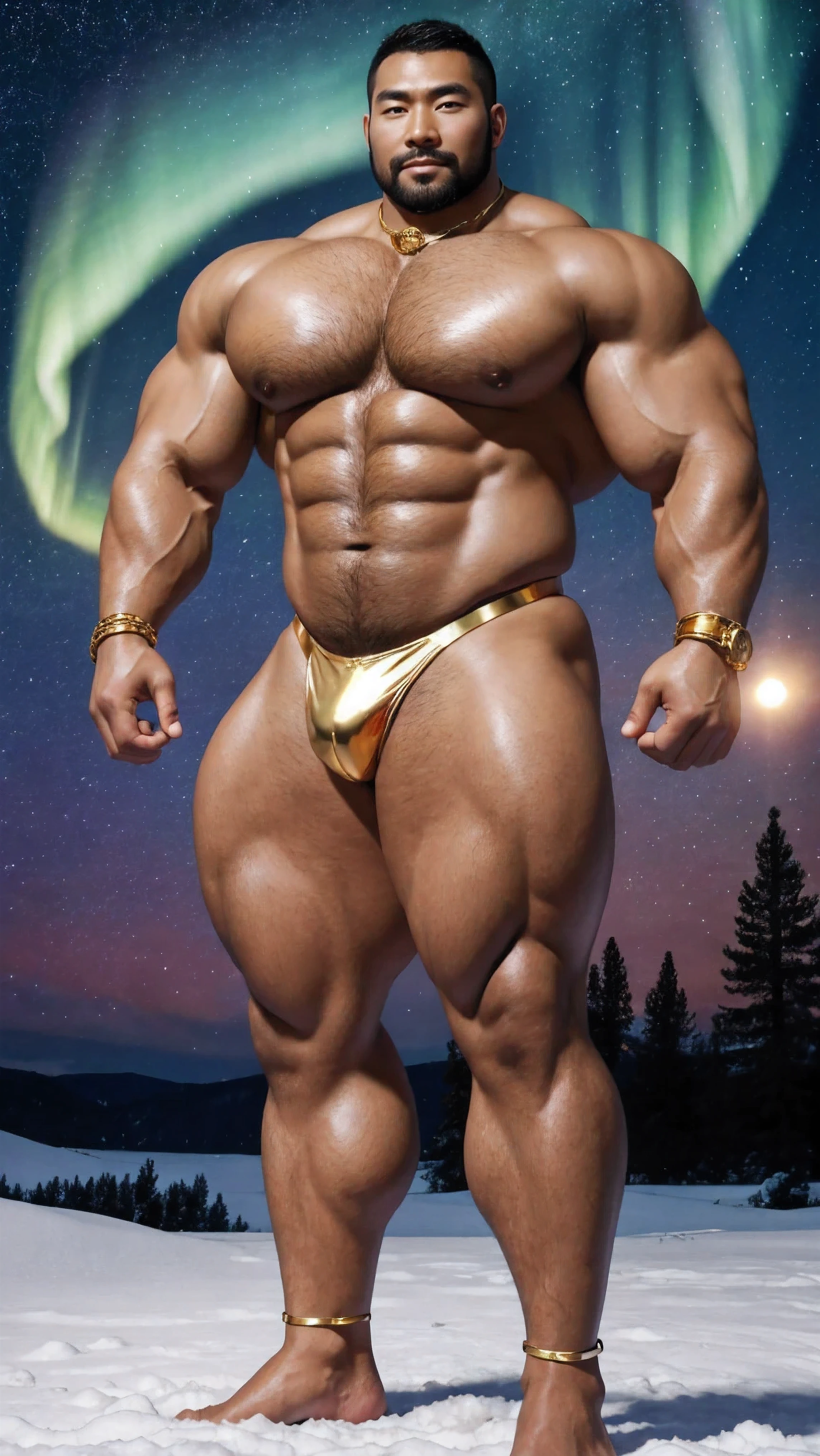 There is only one handsome Chinese man in the photo，35 years old，tall, Fitness，Smooth body，Smooth skin，No chest hair，short hair, O-Shaped Beard，Perfect body, Dark skin color，Radiant Skin，Smooth skin，Shiny, shiny skin，Smooth pectoral muscles，Muscle bulge, muscular, Very large pectoral muscles，Very sexy abdominal muscles，Very well-developed leg muscles，Huge concave and convex area，Brightens oily skin，Wearing a shiny gold leather thong，Handsome face，Normal human toes，Correct and accurate male body proportions，Gold Collar，Gold bracelet，Gold anklets，Standing in the snow，Night sky，A sky full of stars，There are auroras，Colorful，Charming dream scene，Epic。
