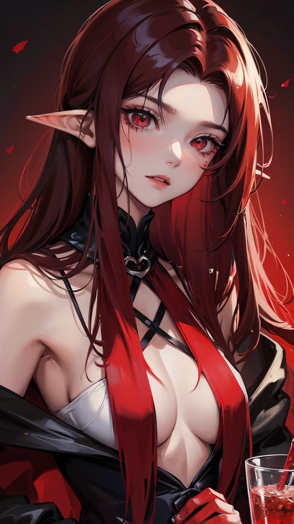(Top resolution、Distinct_image)top-quality、A girl、masterpiece、highly detailed, half body, Semi-realistic、red eyes 、18year old, dark red hair,young 、Exquisite facial features、Facial features ,variation potrait, long hairstyles, teenage, cool , cold sharp eyes, An expression of despair., lifeless eyes, blood on face and clothes, , {Very detailed 8k CG unit wallpaper}, Handsome, solo, female, vampires, bloody, a glass of blood , luxury dress, dark cloak, Gothic, elf ears , loyalty