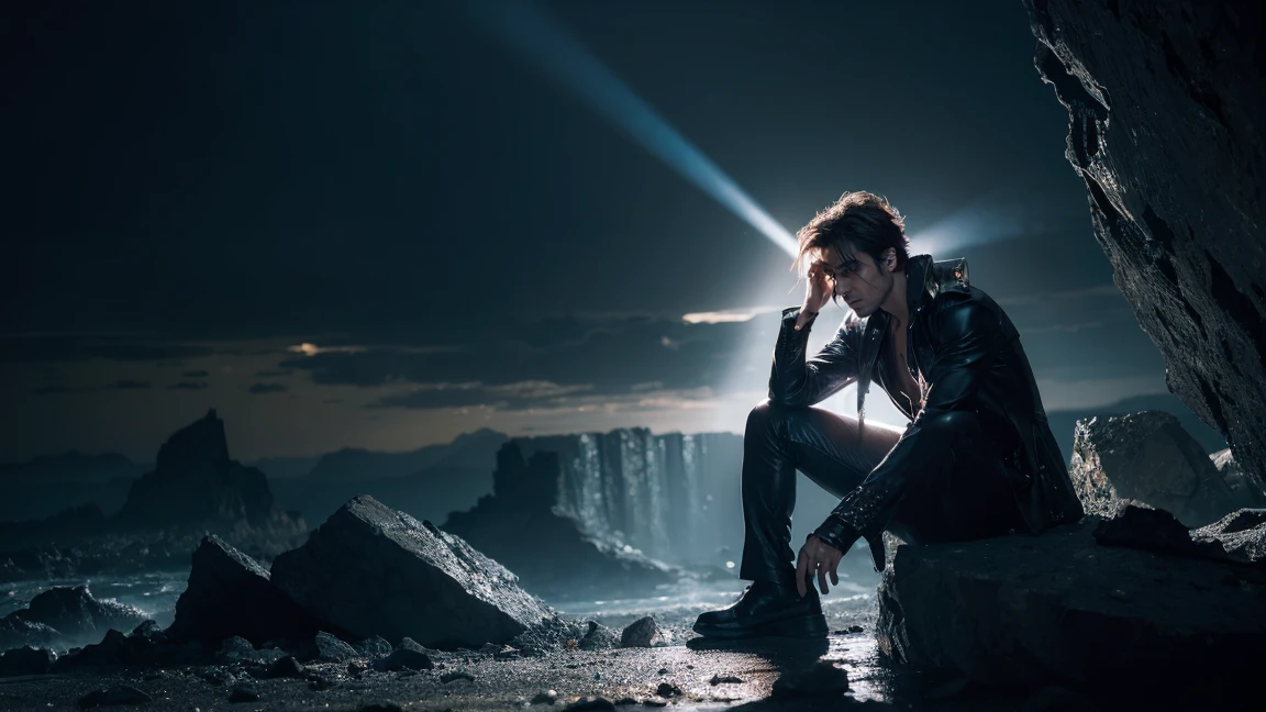 male model of a rock star man with hands covering his ears sitting on a glass rock, dramatic dramatic lighting, dark moody colors, intense dramatic expression, masterpiece, highly detailed, photorealistic, 8k, cinematic, chiaroscuro lighting, dramatic shadows, dynamic compositing, feathers, shattered wings, smoking ruins, crumbling architecture, glowing embers, dark atmospheric night sky, swirling clouds, abstract void, glowing energy