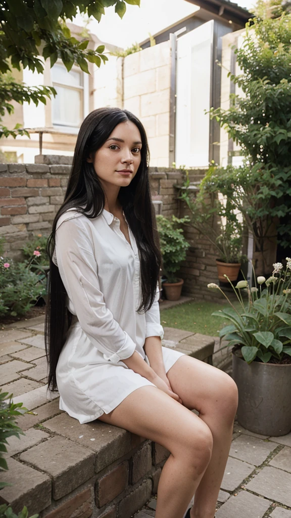 British lady with long black hair sitting outside the house in the garden