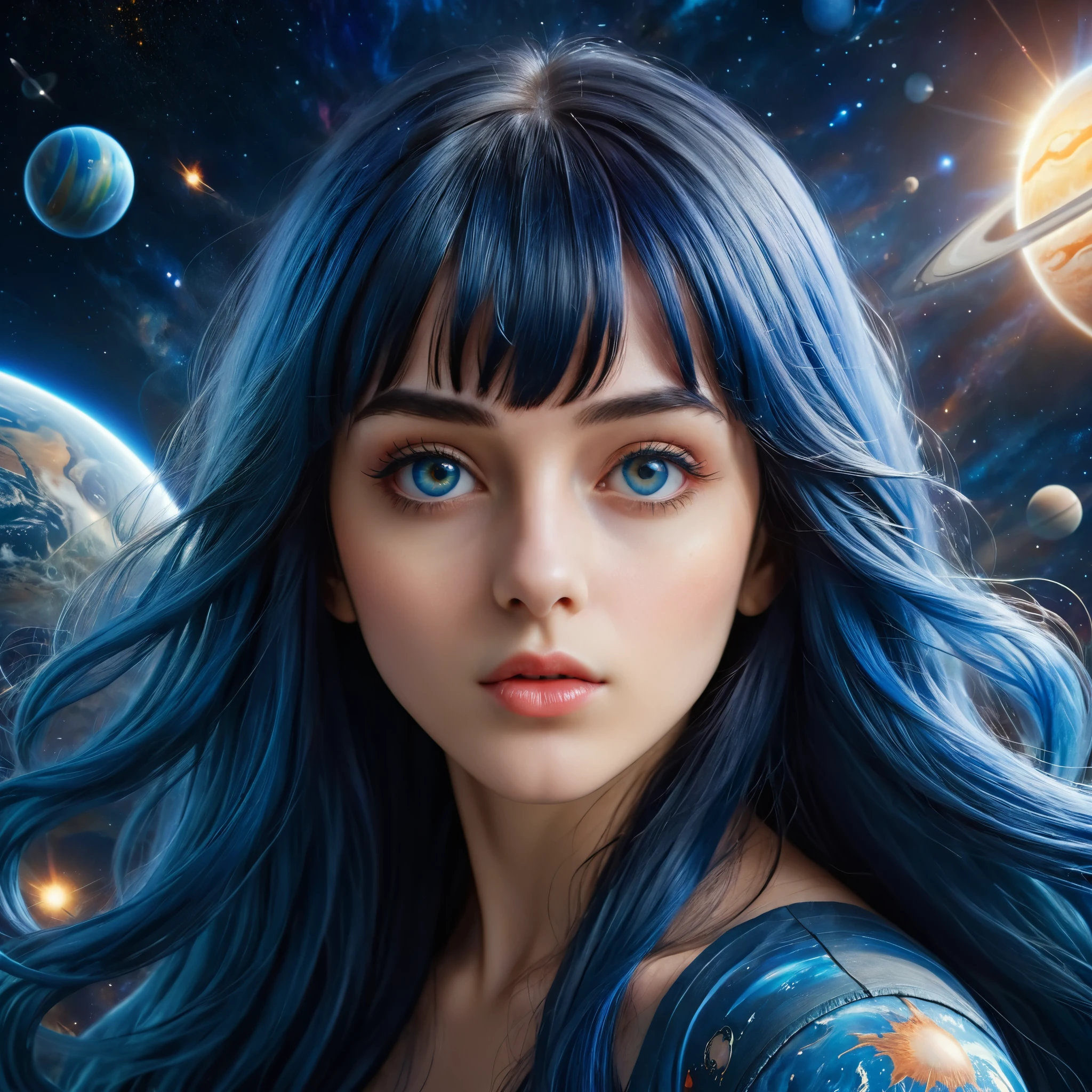 a photo of a beautiful girl with long blue hair,  bangs, and detailed face looking at the viewer, stunning detailed portrait of anesimar flying in space, detailed galaxy and planets, 4k, best quality, extremely detailed, masterpiece, realistic, photo-realistic, ultra-fine painting, vivid colors, studio lighting