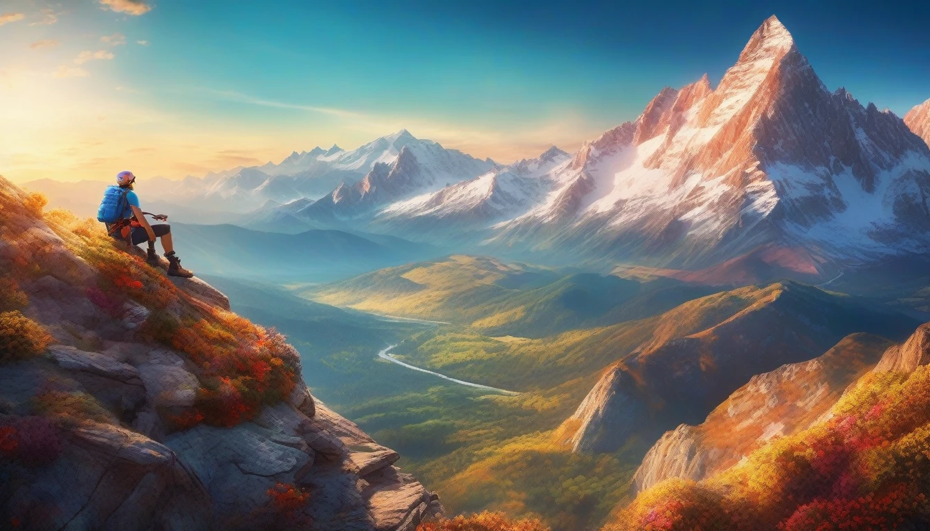 A colorful and eclectic photograph in a photorealistic and cinematic style. A climber hanging in the middle of climbing a very high mountain, enjoying a small slice of pizza at a stop, seen in full body, further away on the screen, from head to toe. The pizza has hot cheese melting and oozing. In the background there is a mountain range and the sky is very blue and illuminated by the bright sun. A playful and magical atmosphere, the work presents a layered, three-dimensional quality, as if different elements had been glued to the canvas in a natural and realistic way. The composition evokes a feeling of introspection and complexity of thought. The mixed media feel of the piece contributes to the tactile and immersive experience, inviting the viewer to explore the depths of the climber's thoughts and emotions. Add more, photo, fashion, vibrant, 3D rendering, cinematic, landscape.