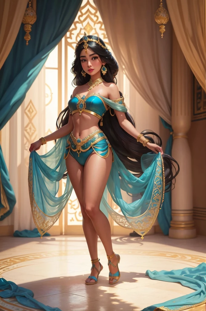 ((Full body photo, standing, feet on the floor))
(((1girl))), (((23years))), ((full body shot)), Jasmine , Arabian, diadem with blue gem, jewelry, bracelets on arms, anklets on legs, colorful silks, Arabian setting, flowers, looking at viewer, ((highly detailed)), (((masterpiece))) Hyacinth