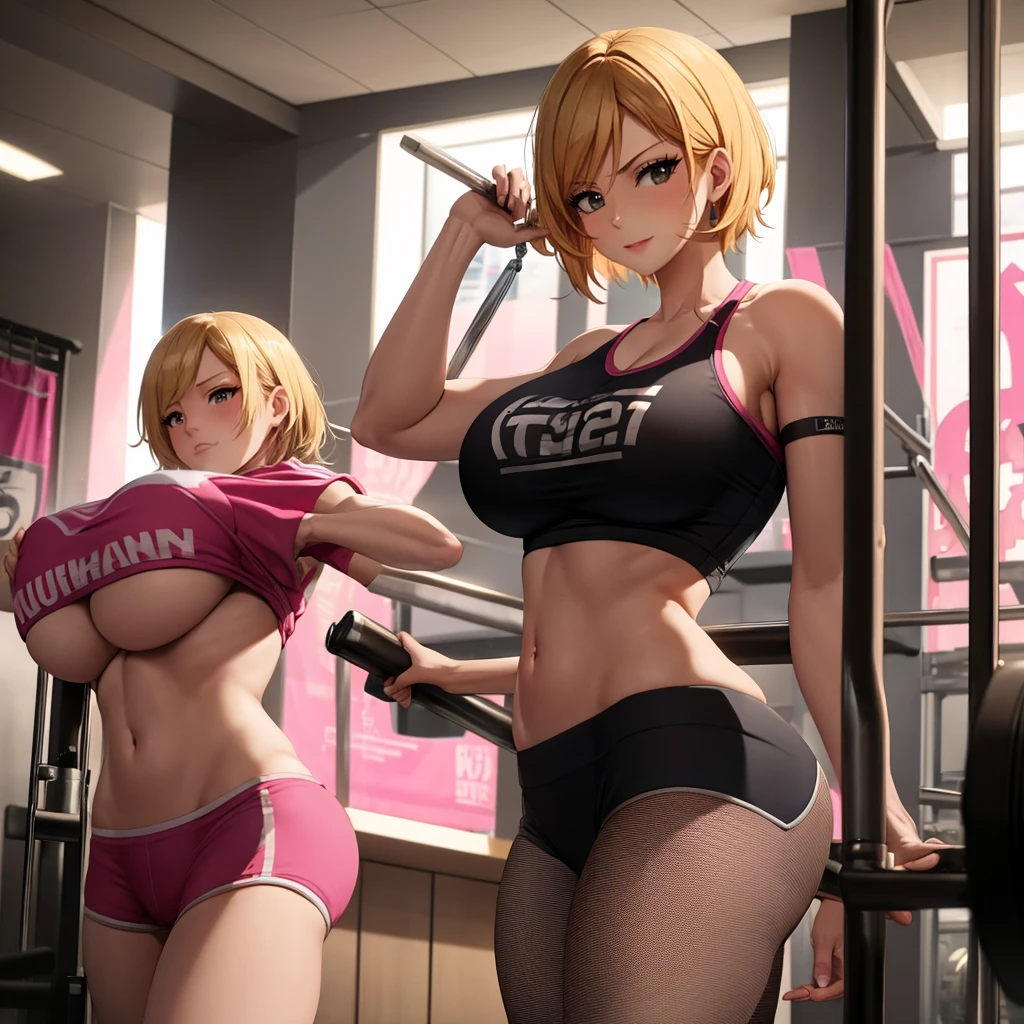 Your influencer character(sexy milf boobs) with short blonde hair dressed in gym cloths working out in the gym lovely expression bright coloring pink theme posture 