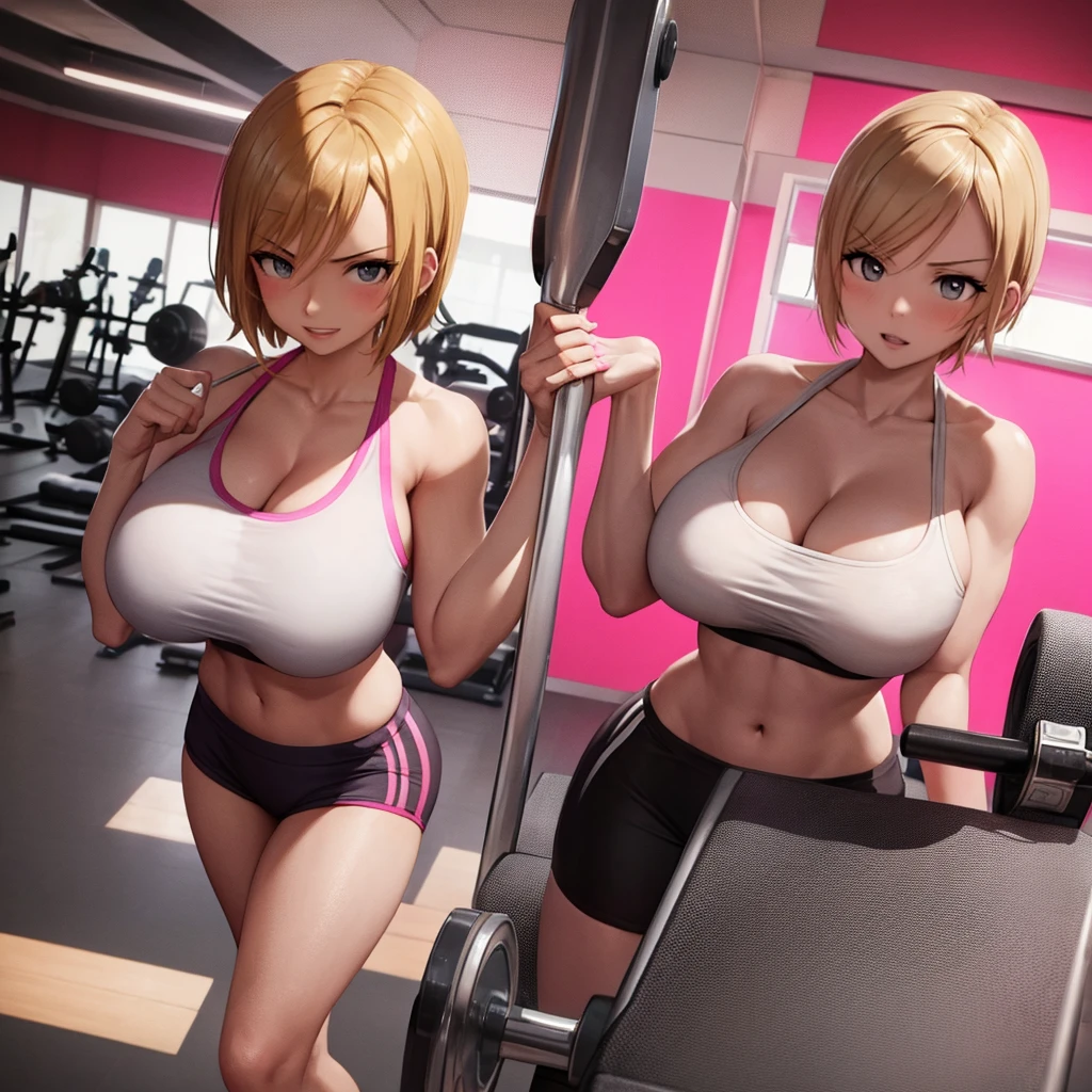 Your influencer character(sexy milf boobs) with short blonde hair dressed in gym cloths working out in the gym lovely expression bright coloring pink theme posture 