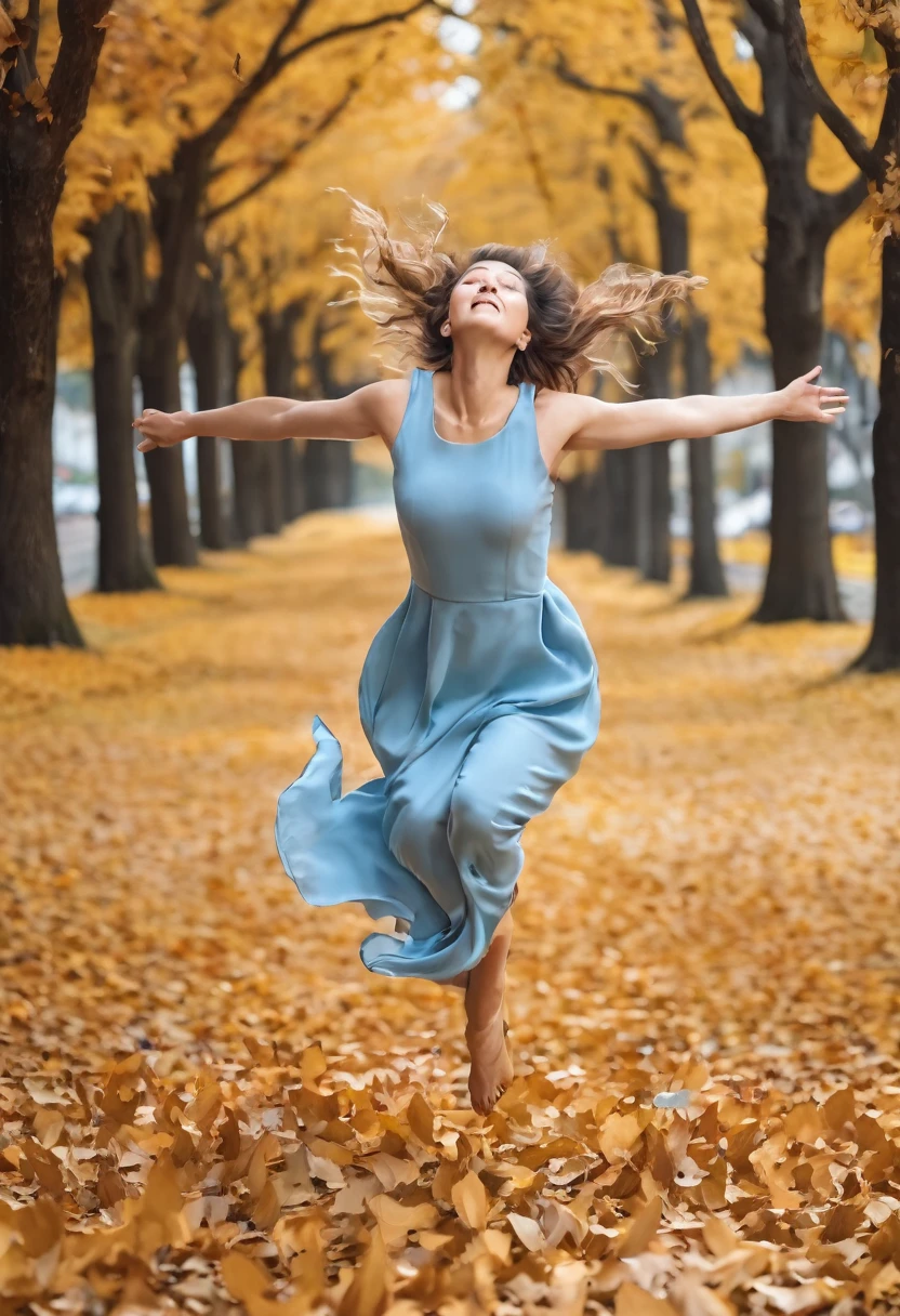 Woman on her back with open arms jumping, light blue dress, Light brown bun hair, dry leaves on the ground and falling