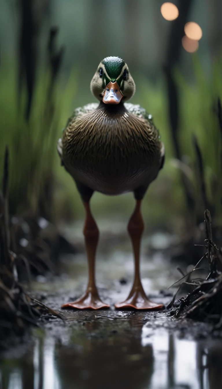 8k,Horror movie photos,Are standing,Kappa,Body green,Shell on the back,Duck-like beak,The background is a dirty swamp,Shallow depth of field, Vignette, Very detailed, High budget, Bokeh, CinemaScope, Sulky, amazing, nice, Film Grain, Creepy, Anxious, dark, Creepyな, Suspenseful, strict, Very detailed 情報