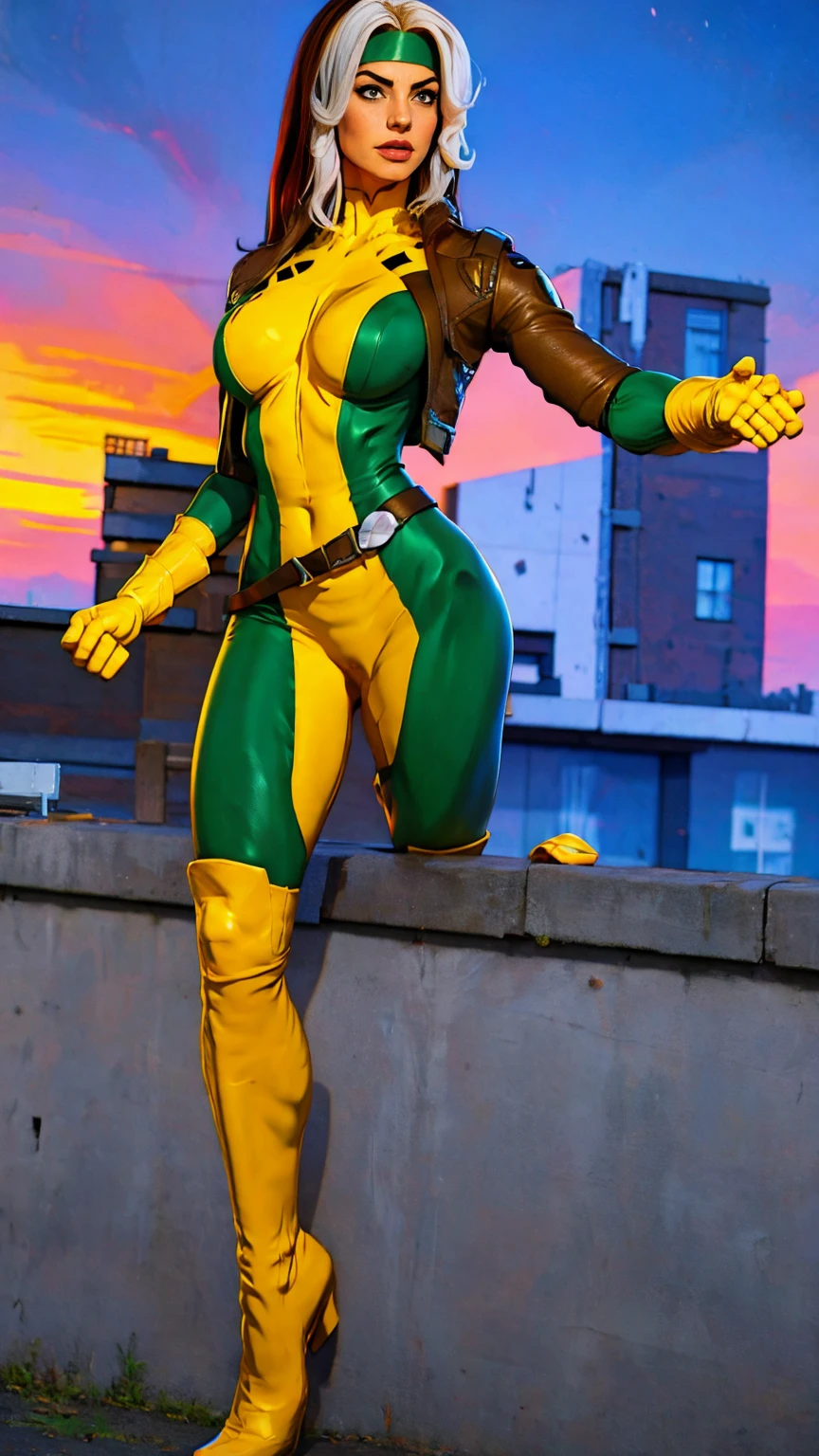 ((Full body photo, standing, feet on the floor)) (best quality,4k,8k,highres,masterpiece:1.2),ultra-detailed,(realistic,photorealistic,photo-realistic:1.37),full body shot,Rogue,X-Men,yellow thigh high boots,beauty pose, standing tall, show feet, outside, city rooftop at night, green headband