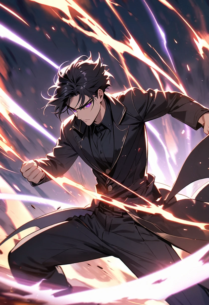 handsome, alone, 1 man, short hair, black hair, purple eyes, black shirt, black coat, Lots of power,fighting