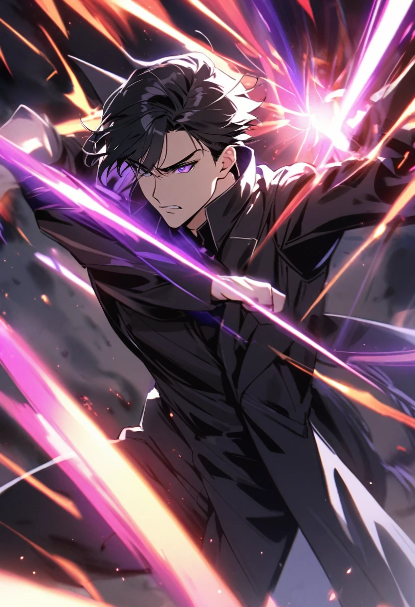 handsome, alone, 1 man, short hair, black hair, purple eyes, black shirt, black coat, Lots of power,fighting
