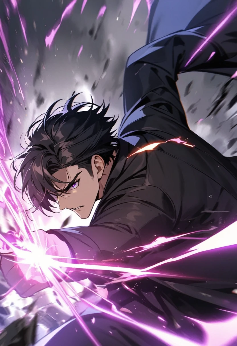 handsome, alone, 1 man, short hair, black hair, purple eyes, black shirt, black coat, Lots of power,fighting