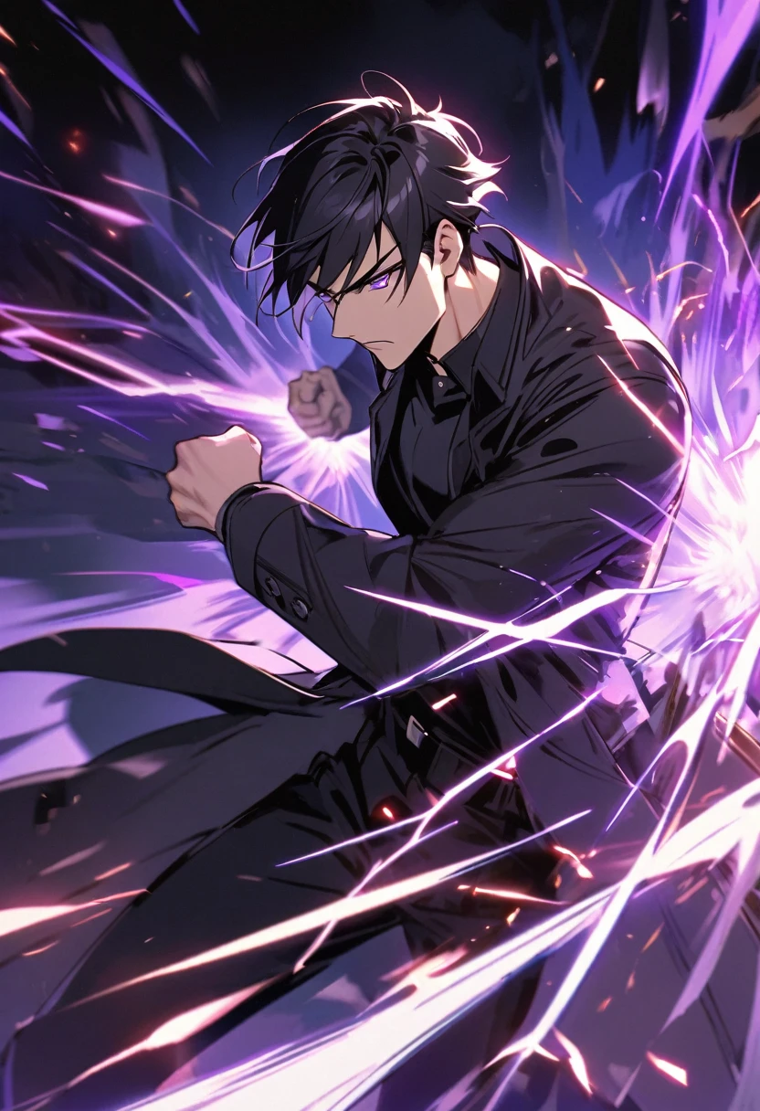 handsome, alone, 1 man, short hair, black hair, purple eyes, black shirt, black coat, Lots of power,fighting