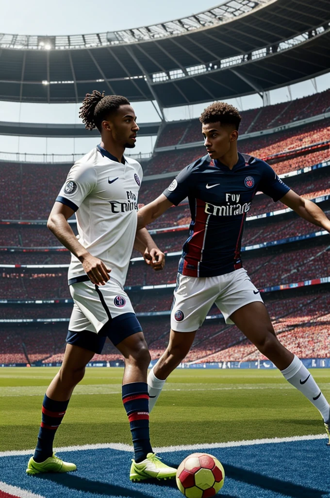 Intensely 2 characters with Paris Saint Germain shirts playing football in a stadium