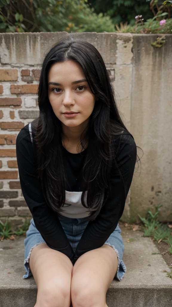 British lady with long black hair sitting outside the house 