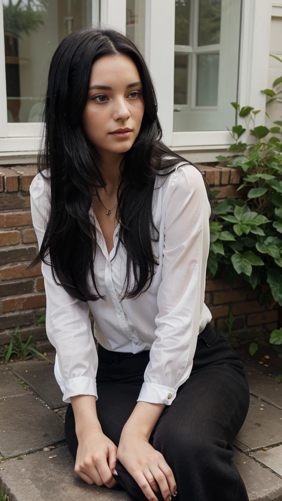 British lady with long black hair sitting outside the house