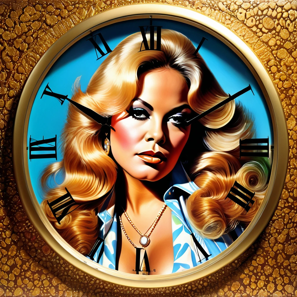 A beautiful detailed portrait of Cookie Eaton, 1970s style R&B superstar, realistic, photorealistic, high resolution, masterpiece, ultra-detailed, vivid colors, dramatic lighting, sensual expression, flowing hair, retro fashion, vinyl album cover, "Cookie Eaton", "Clock Out", analog photo, grain texture