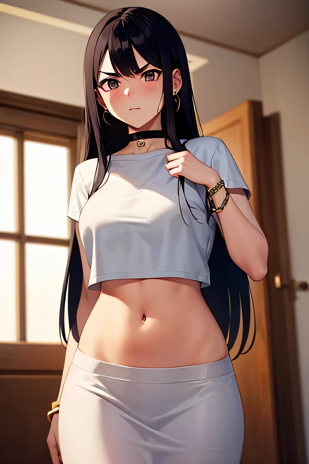 super fine illustration, vibrant colors, masterpiece, sharp focus, best quality, depth of field, cinematic lighting, ultra detailed, white t shirt, short sleeves, white skirt, pleated skirt, navel, belly button, tummy, 1 woman, solo, milf, very messy hair, very long hair, slender, blush, annoyed, mature female, tall woman, looking down, v-shaped eyebrows, medium breasts, black hair, hoop earring, bangle, stomach, pearl necklace, milf, small breasts