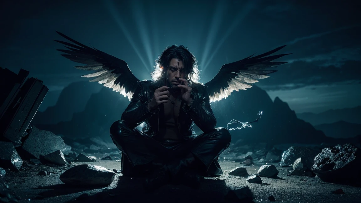 male model of a rock star man with hands covering his ears sitting on a glass rock, dramatic dramatic lighting, dark moody colors, intense dramatic expression, masterpiece, highly detailed, photorealistic, 8k, cinematic, chiaroscuro lighting, dramatic shadows, dynamic compositing, feathers, shattered wings, smoking ruins, crumbling architecture, glowing embers, dark atmospheric night sky, swirling clouds, abstract void, glowing energy