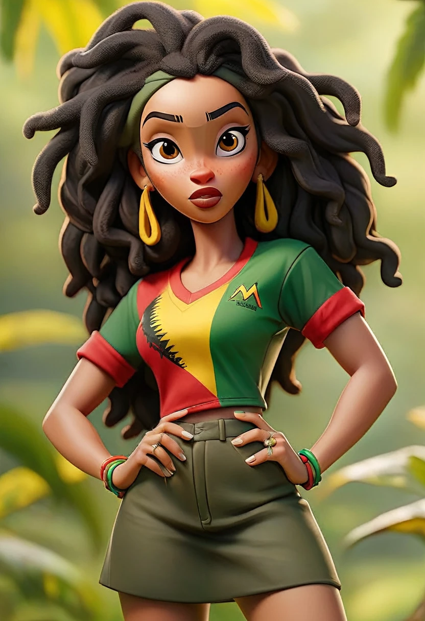 Extroverted woman in reggae style clothes, brunette black hair and black eyes with green landscape background, yellow and red, bob marley t-shirt