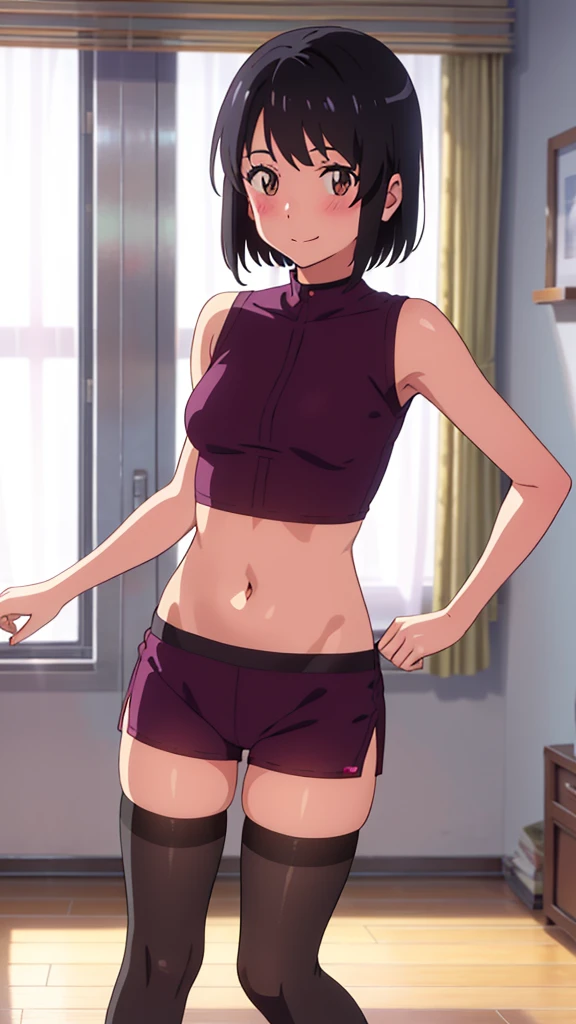 shinkai makoto, kimi no na wa., 1girl, bangs, black hair, blush, brown eyes, looking at the viewer, crop top, buruma, exposed navel, bare shoulders, short hair, solo, indoors, bedroom, shinny skin, smile, cute, black thighhighs, (masterpiece, best quality)