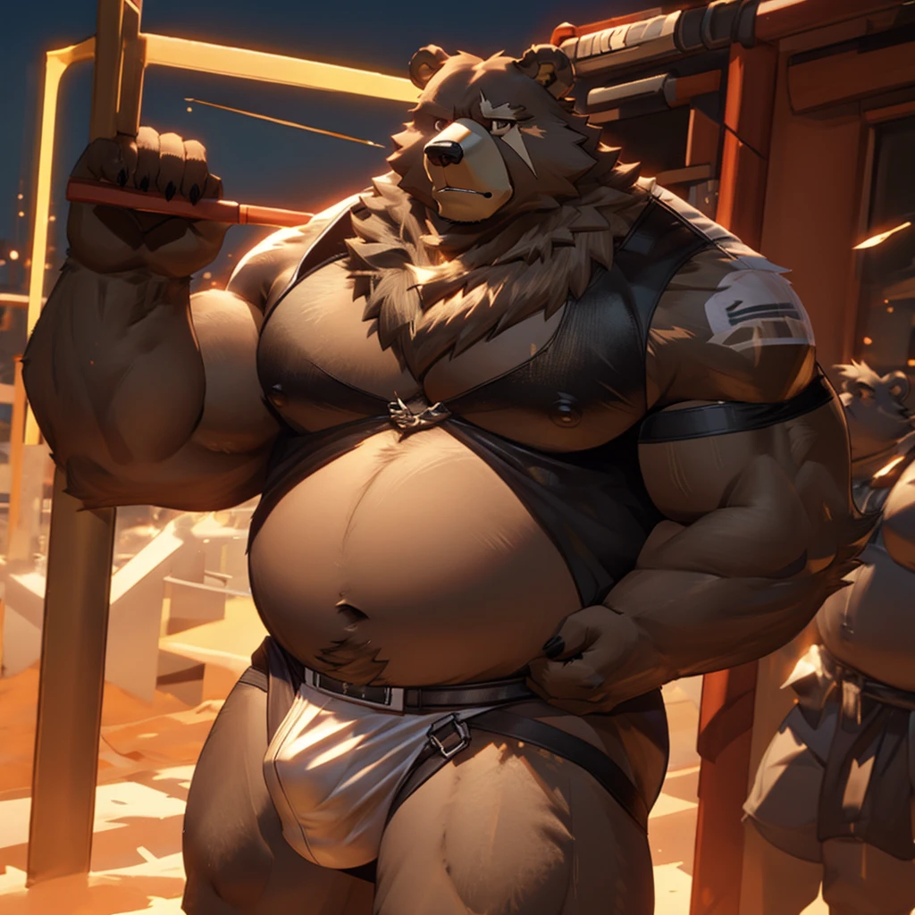 ben (zenless zone zero), bear, brown bear, jockstrap, bulge, big belly, big chest