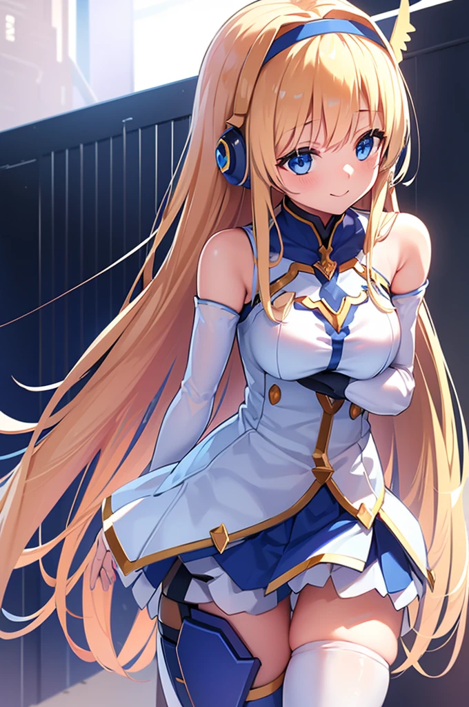 Mecha Wings、White and blue skirt、Accentuated thighs、White tights、chest、Beautiful golden hair、1 girl、solo girl、Thick thighs、is、Frame Arms Girl、Alice Gere Aegis、White Armor、Blue and purple lines、income、headphone、hand on own chest、smile