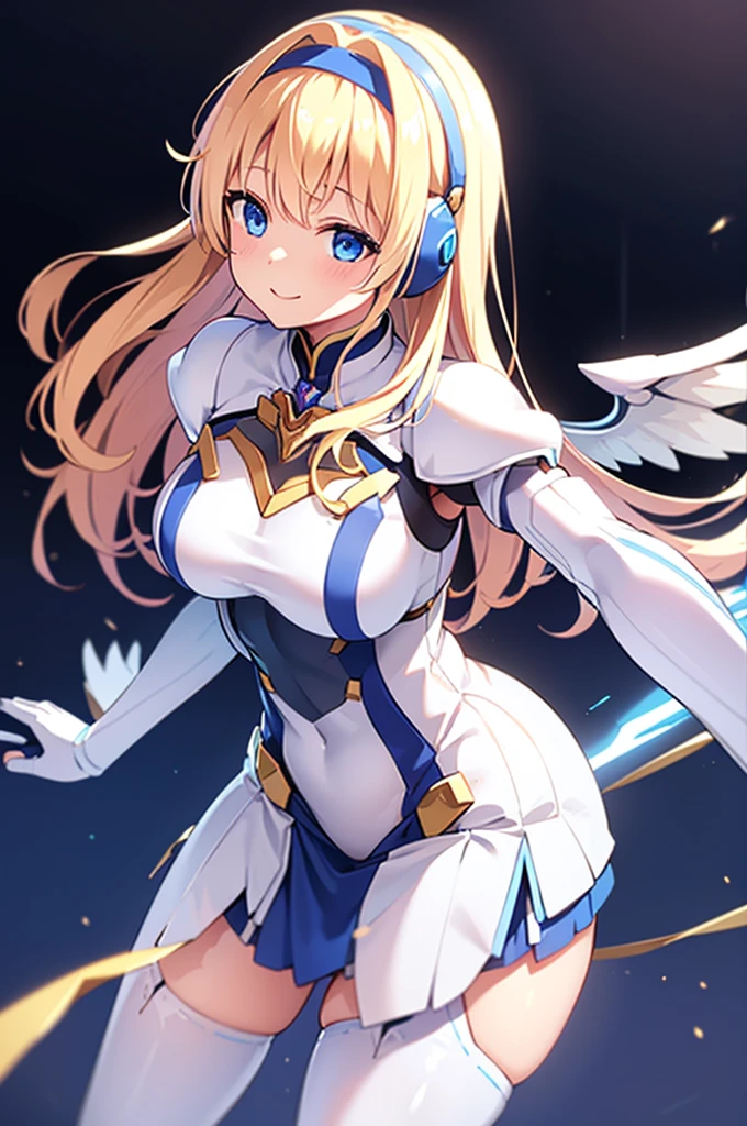 Mecha Wings、White and blue skirt、Accentuated thighs、White tights、chest、Beautiful golden hair、1 girl、solo girl、Thick thighs、is、Frame Arms Girl、Alice Gere Aegis、White Armor、Blue and purple lines、income、headphone、hand on own chest、smile