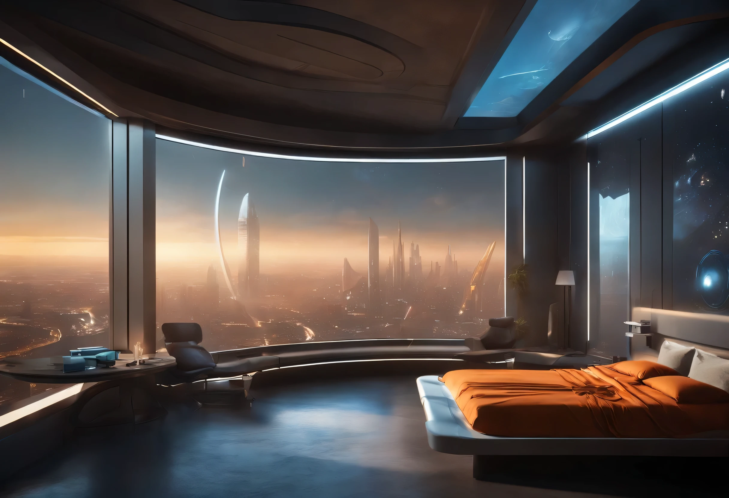 A gorgeous science fiction bedroom matte painting - fi by John Harris, Sparth e Greg Rutkowski. sharp edges, azul tiffany, grey orange, white and gold. sci - fi room on a space base, Outside the windows a city skyline of the future, Efeito de Luz. ultra clear detailed, 3d, octan render. 8 mil, nebula background