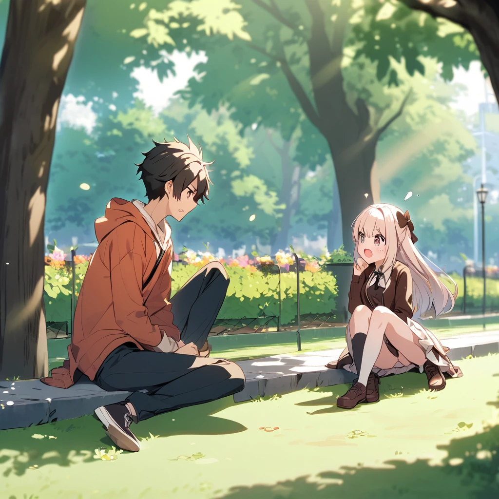 A best friend boy and girl seat in a park and cute fight 