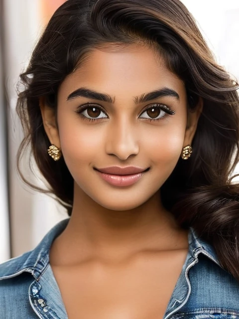 Maya is 18 year old indian girl. Maya stands tall at 70 inches (178 cm) and weighs 180 pounds (82 kg). Her chest measures 44 inches (112 cm), waist 38 inches (97 cm), and hips 46 inches (117 cm). She has intense hazel eyes that reflect her strong spirit, framed by thick, naturally arched eyebrows. Her broad and prominent nose adds to her distinctive look. Maya's full, expressive lips often wear a confident smile. Her medium-sized ears are adorned with simple earrings. Her thick, wavy, dark brown hair is often styled in a loose bun. Her deep tan skin tone gives her a powerful presence. Maya's tall and robust build commands attention, and her warm smile makes her approachable and friendly , shopping in a mall
