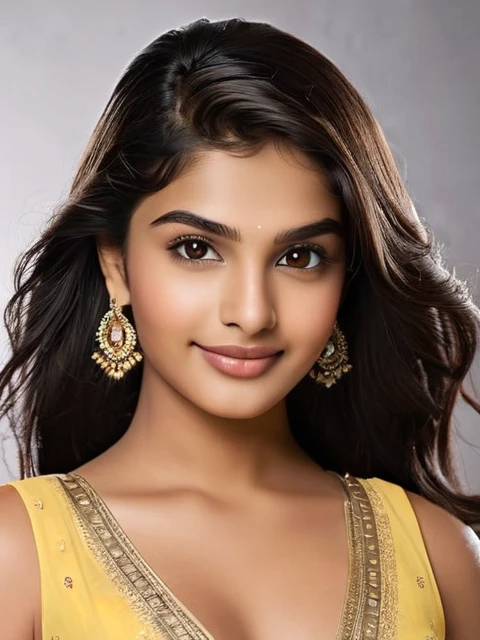 Maya is 18 year old indian girl. Maya stands tall at 70 inches (178 cm) and weighs 180 pounds (82 kg). Her chest measures 44 inches (112 cm), waist 38 inches (97 cm), and hips 46 inches (117 cm). She has intense hazel eyes that reflect her strong spirit, framed by thick, naturally arched eyebrows. Her broad and prominent nose adds to her distinctive look. Maya's full, expressive lips often wear a confident smile. Her medium-sized ears are adorned with simple earrings. Her thick, wavy, dark brown hair is often styled in a loose bun. Her deep tan skin tone gives her a powerful presence. Maya's tall and robust build commands attention, and her warm smile makes her approachable and friendly , shopping in a mall