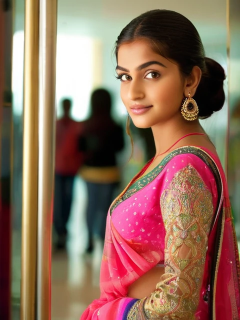 Maya is 18 year old indian girl. Maya stands tall at 70 inches (178 cm) and weighs 180 pounds (82 kg). Her chest measures 44 inches (112 cm), waist 38 inches (97 cm), and hips 46 inches (117 cm). She has intense hazel eyes that reflect her strong spirit, framed by thick, naturally arched eyebrows. Her broad and prominent nose adds to her distinctive look. Maya's full, expressive lips often wear a confident smile. Her medium-sized ears are adorned with simple earrings. Her thick, wavy, dark brown hair is often styled in a loose bun. Her deep tan skin tone gives her a powerful presence. Maya's tall and robust build commands attention, and her warm smile makes her approachable and friendly , shopping in a mall 