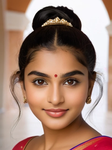 Maya is 18 year old indian girl. Maya stands tall at 70 inches (178 cm) and weighs 180 pounds (82 kg). Her chest measures 44 inches (112 cm), waist 38 inches (97 cm), and hips 46 inches (117 cm). She has intense hazel eyes that reflect her strong spirit, framed by thick, naturally arched eyebrows. Her broad and prominent nose adds to her distinctive look. Maya's full, expressive lips often wear a confident smile. Her medium-sized ears are adorned with simple earrings. Her thick, wavy, dark brown hair is often styled in a loose bun. Her deep tan skin tone gives her a powerful presence. Maya's tall and robust build commands attention, and her warm smile makes her approachable and friendly , shopping in a mall 