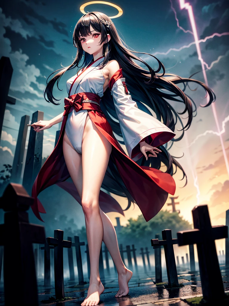 Highest Resolution,Highest quality,A beautiful girl with no expression in a white kimono leotard,Black eyeliner,Black eyebrows,High leg,Floating in the air,Very beautiful red eyes,Black hair semi-long hair,Halo,thunderstorm,Bad weather,Japanese Cemeteries,A road lined with gravestones,1Two Red Torii Gates,Company,Bamboo grove,lightning,Lightning strikes,whole body,up,front,barefoot,barefoot,
