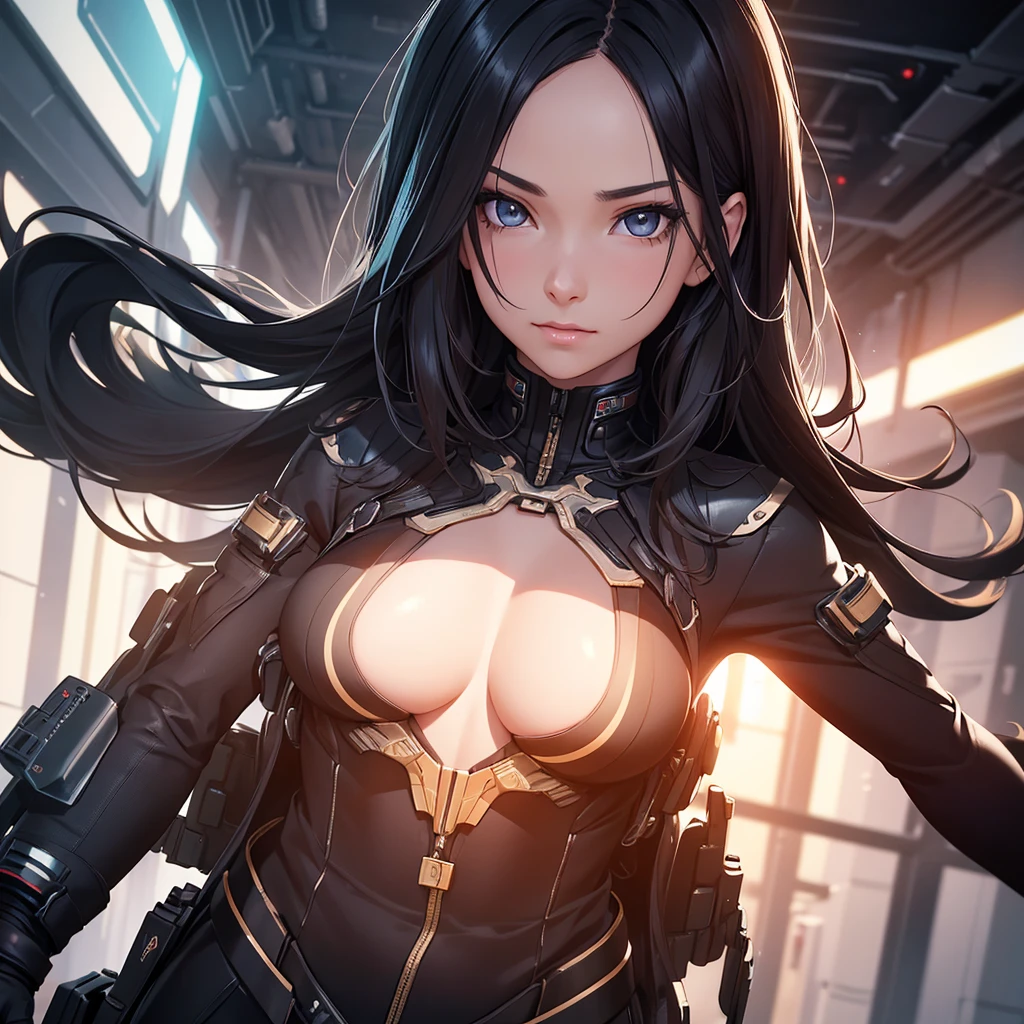 detailed portrait of a young woman, 1girl, looking slightly mischievous, long black hair, brown eyes, futuristic outfit, futuristic background, (best quality,4k,8k,highres,masterpiece:1.2),ultra-detailed,(realistic,photorealistic,photo-realistic:1.37),HDR,UHD,studio lighting,ultra-fine painting,sharp focus,physically-based rendering,extreme detail description,professional,vivid colors,bokeh,concept art